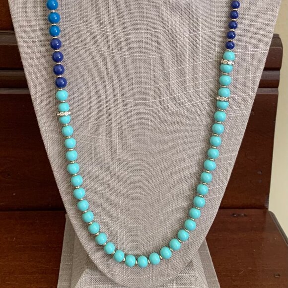Ann Taylor Necklace, Multiple Shades Blue Beads W/Gold tone Crystal Rhinestone - Picture 3 of 13